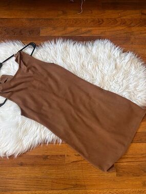 Khloe K. Sleeveless Brown Buckskin Bodycon Mini Dress; Small